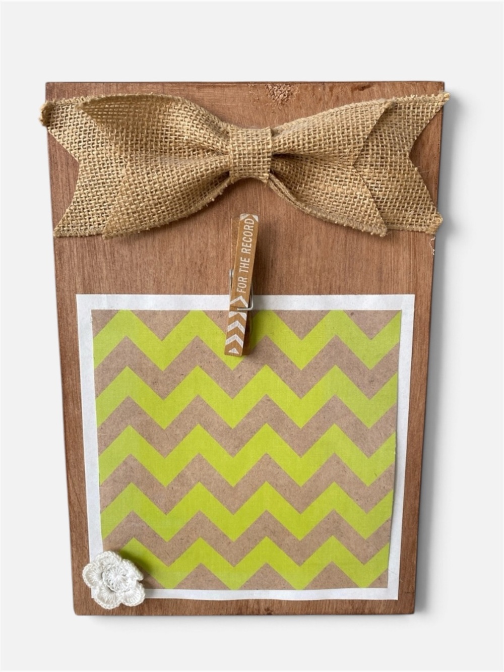 Wood Pic Frame Burlap Green Chevron Background holds up to 6x6
